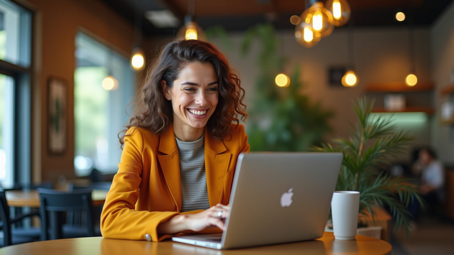 Mulher sorrindo em café usando wifi público com VPN segura.