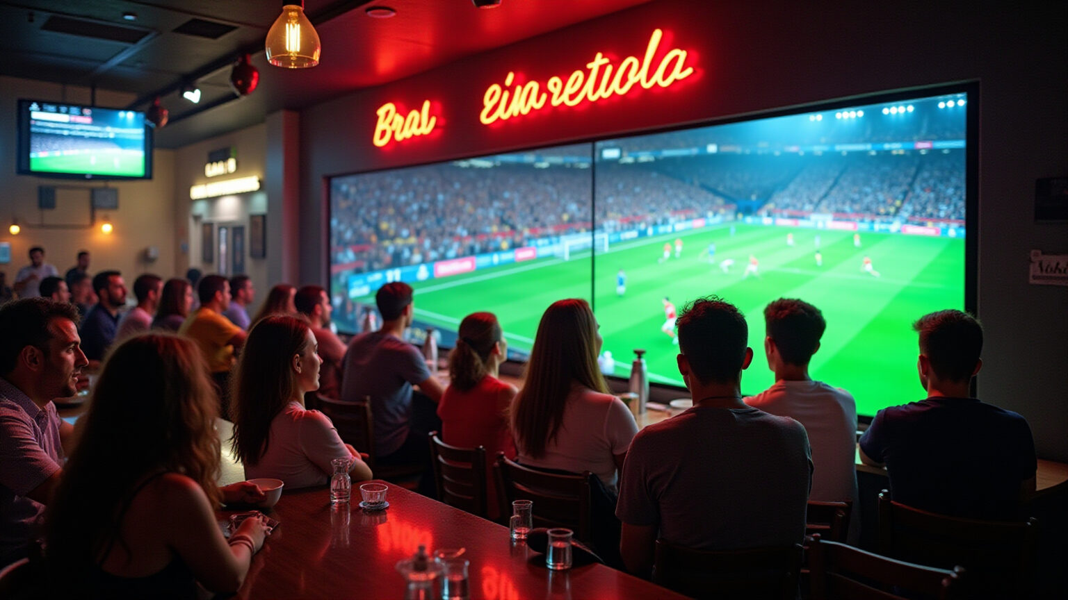 5 Fontes de cobertura esportiva local: onde encontrar notícias de clubes regionais Fãs brasileiros assistindo jogo de futebol local em bar esportivo.