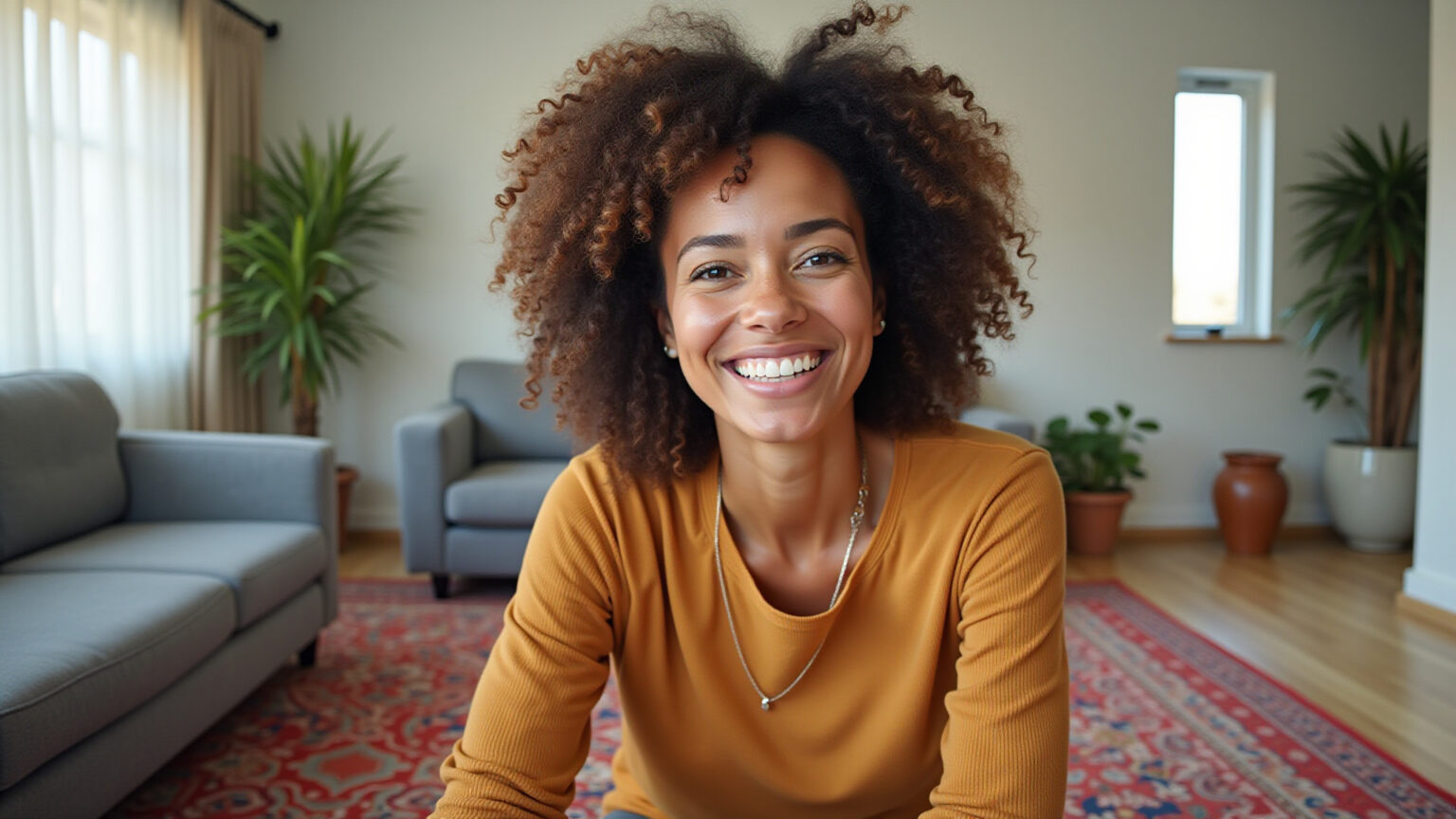 Sala de estar com sofá cinza e tapete orgânico vibrante.