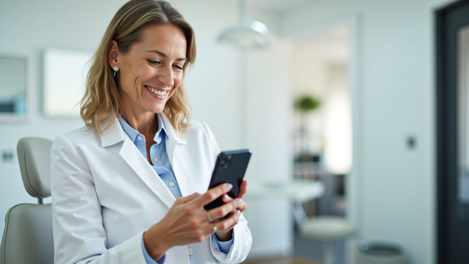 Guia 2026: Como Encontrar o Melhor Dentista na Rede Credenciada Amil Saúde Mulher sorrindo em consultório odontológico moderno consultando o app Amil Saúde.