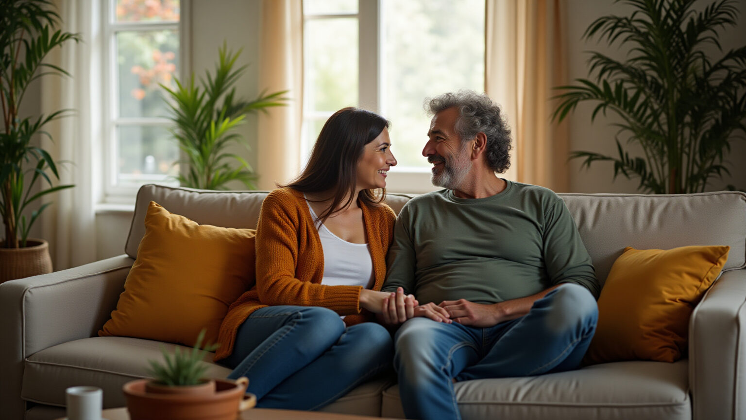 Casal brasileiro se reconectando em um ambiente aconchegante.