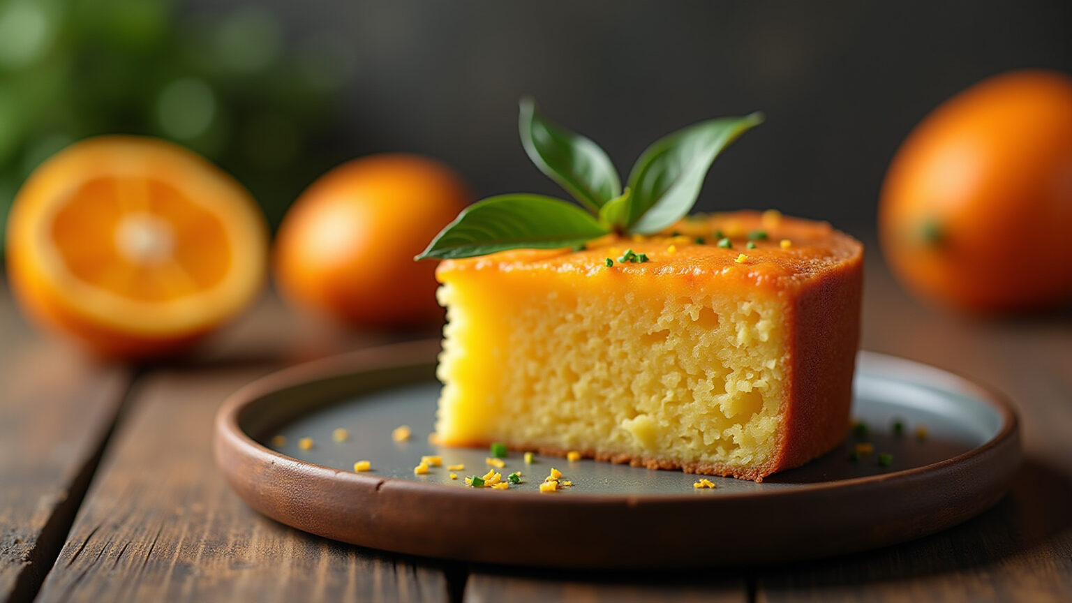 Bolo de fubá com laranja fresco e apetitoso.