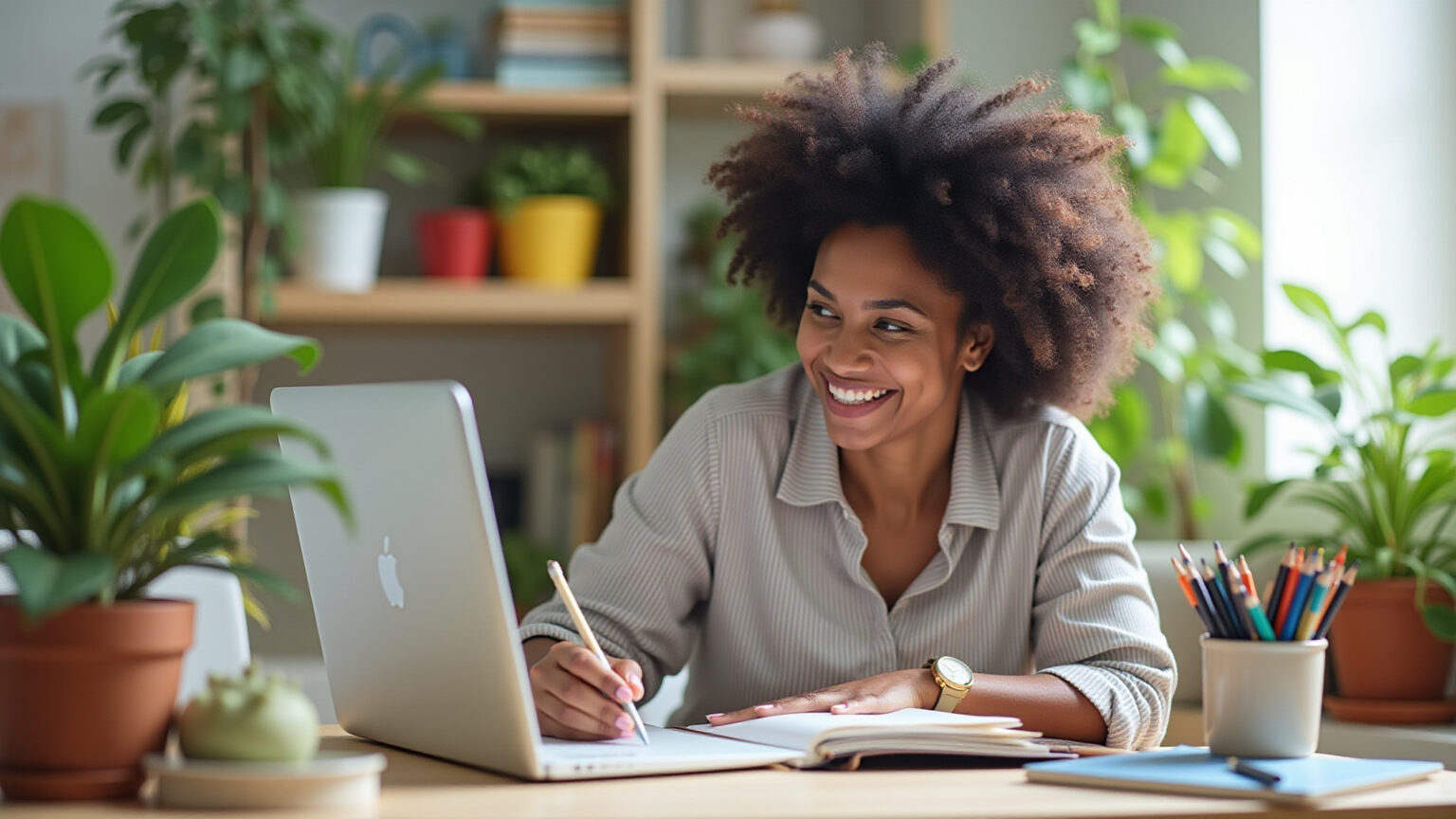 Pequenos hábitos que deixam o dia mais organizado Mulher sorrindo organizando sua agenda em mesa de trabalho colorida.