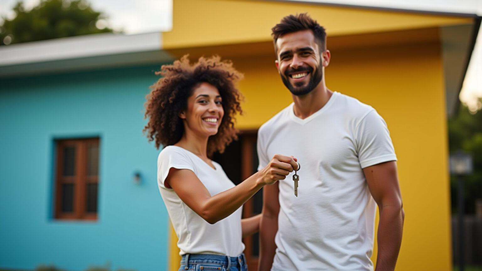 Casal brasileiro sorrindo com chaves de uma casa em Montes Claros.
