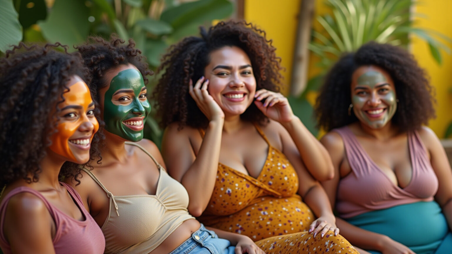 Cronograma capilar para crescimento acelerado: guia passo a passo Mulheres brasileiras diversas sorrindo e cuidando dos cabelos com máscaras capilares vibrantes.