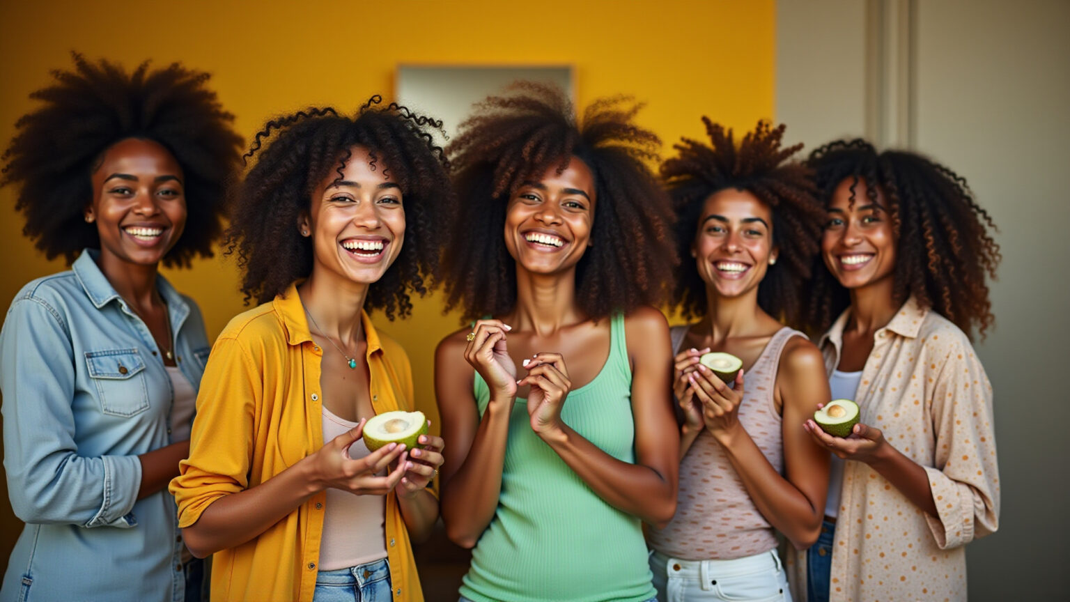 Mulheres brasileiras sorrindo enquanto cuidam dos cabelos em casa com cronograma capilar.