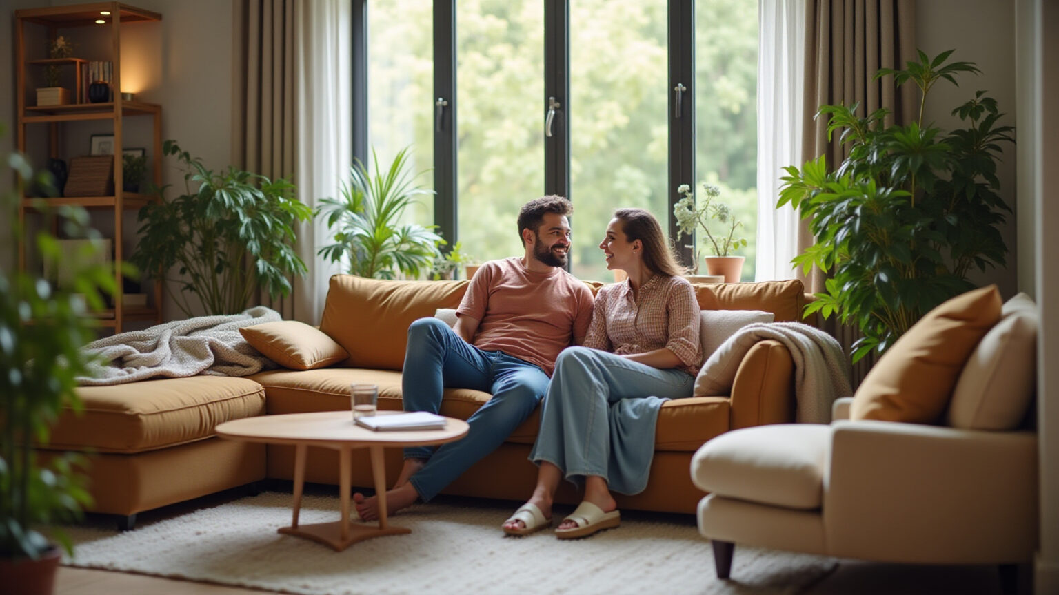 Casal admirando móveis de qualidade em sala de estar brasileira vibrante.