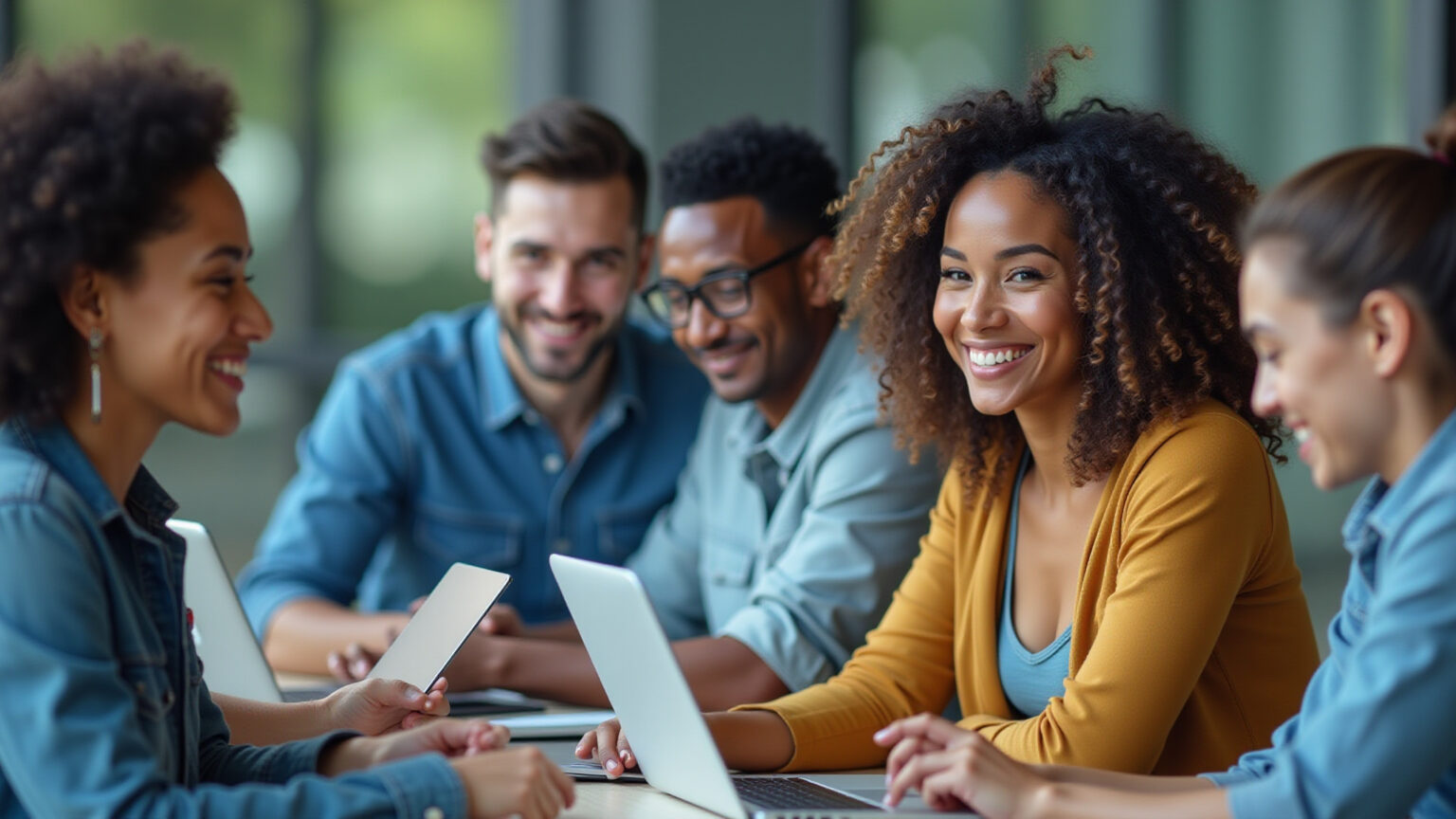 Pessoas brasileiras sorrindo e usando tecnologia com segurança digital.
