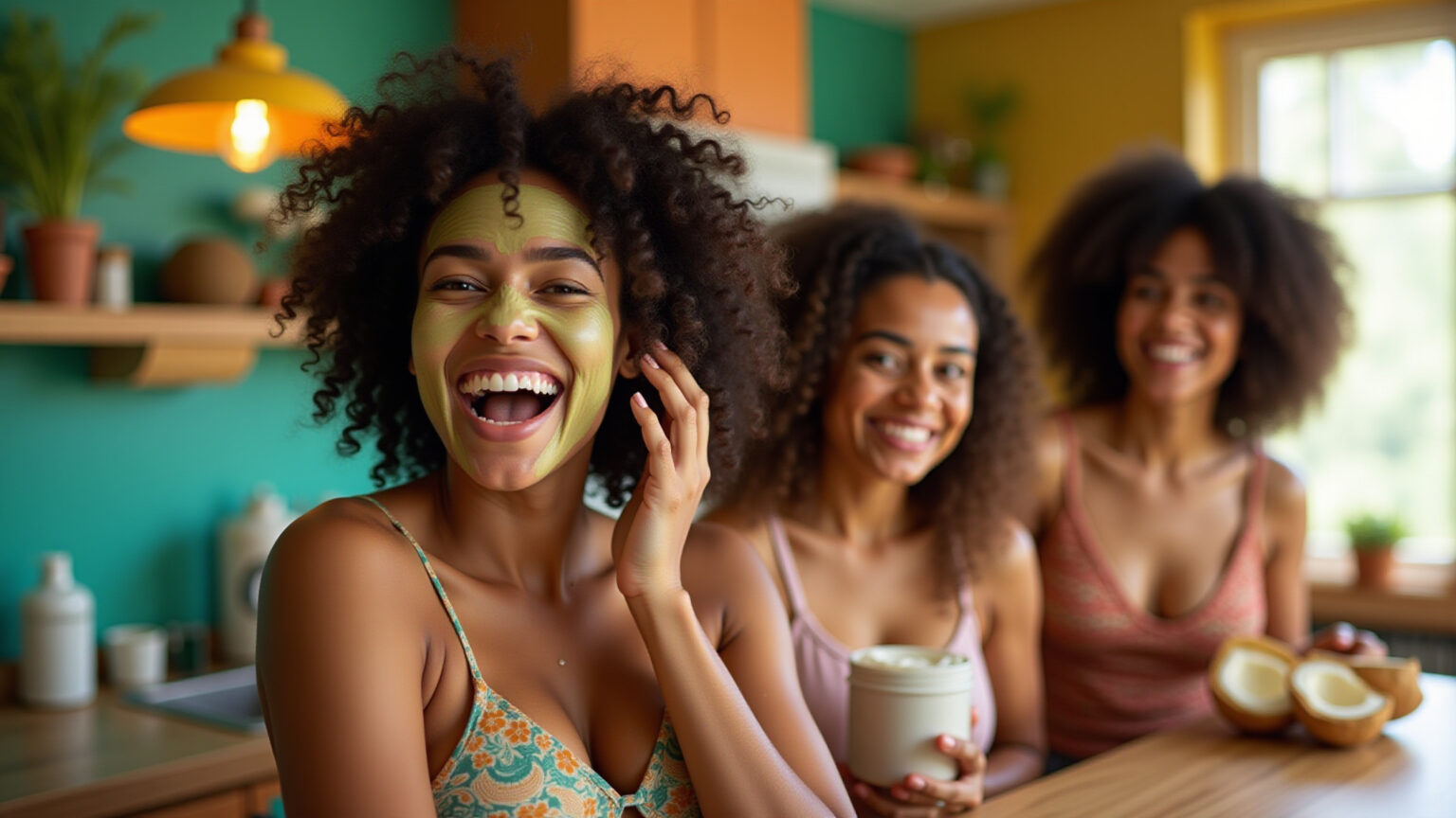 Mulheres brasileiras com cabelos cacheados e crespos usando ingredientes naturais para cuidados capilares.