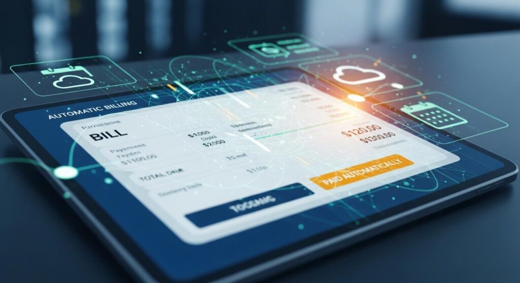 Empresários analisando dados de sistema de cobrança automática.