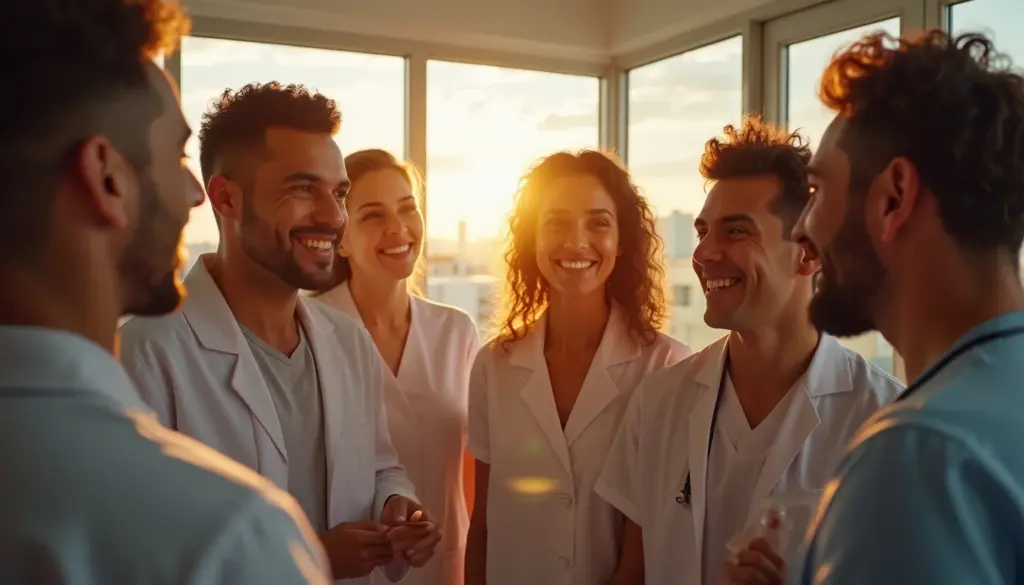Quem pode usar o implante pelo susgrupo diverso de pessoas sorrindo em clinica moderna discutindo opcoes de implante capilar?