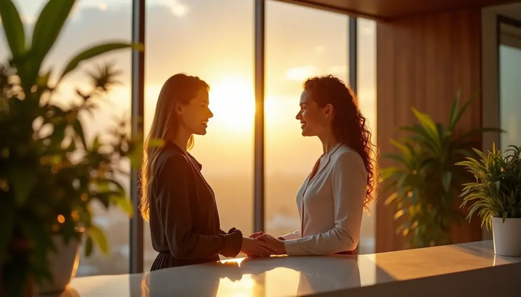 Reforma de recepção de empresa: recepção moderna de empresa com recepcionista e cliente em 2026 Reforma de recepção de empresa: recepção moderna de empresa com recepcionista e cliente em 2026