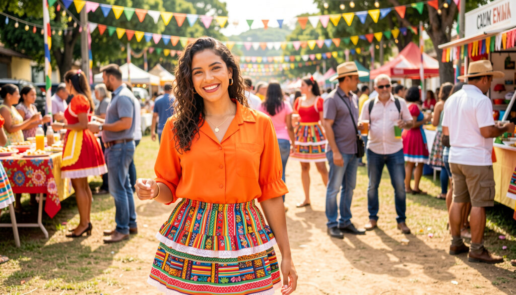 A verdade sobre como se vestir para festa junina feminino que você precisava saber! Mulher brasileira sorrindo com look moderno e vibrante de Festa Junina.