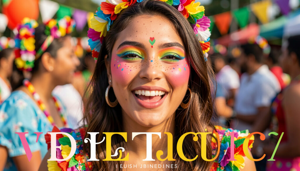 Mulher brasileira com maquiagem moderna de Festa Junina vibrante e alegre.