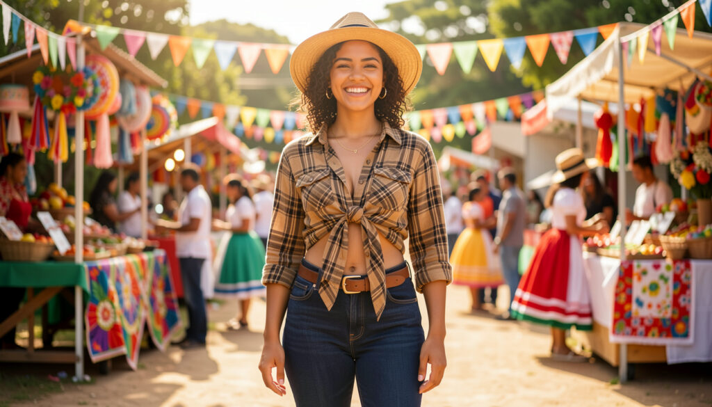 Look Festa Junina Feminino com Calça Jeans: Evite o Visual Fantasia Mulher brasileira com look moderno de Festa Junina usando calça jeans flare e camisa xadrez.