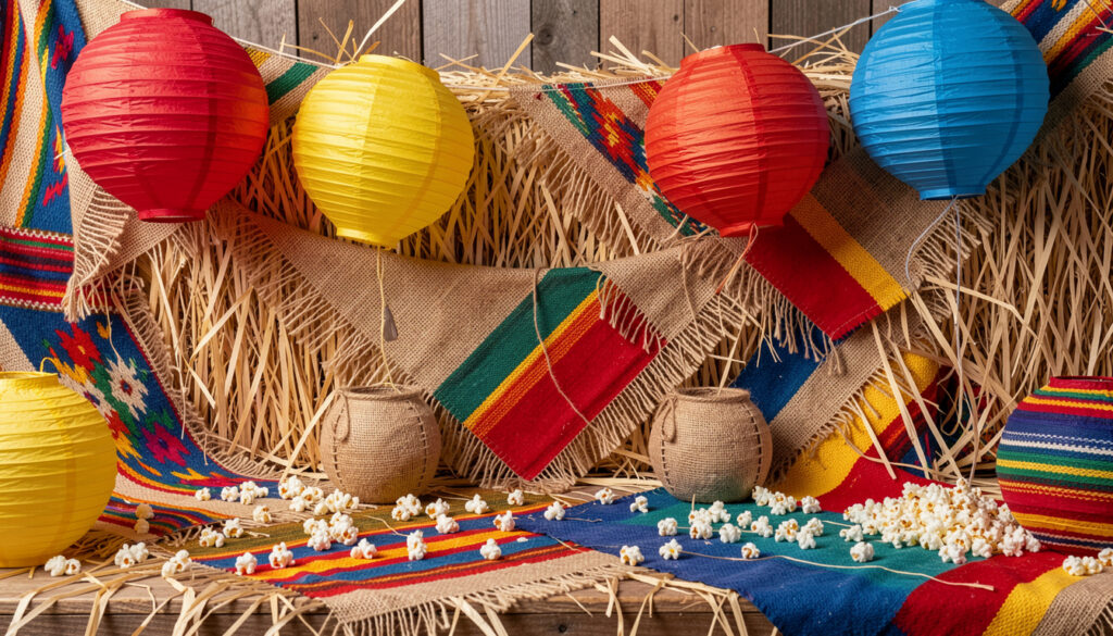Decoração vibrante e rústica de Festa Junina com bandeirinhas, balões e elementos tradicionais brasileiros.