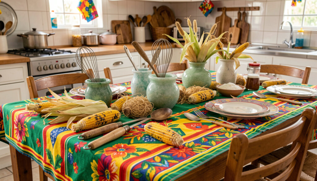 Mesa decorada para Chá de Cozinha com tema de Festa Junina (Chárraiá), com elementos rústicos e coloridos.