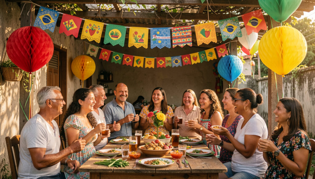 Decoração vibrante e rústica de Festa Junina com elementos DIY.