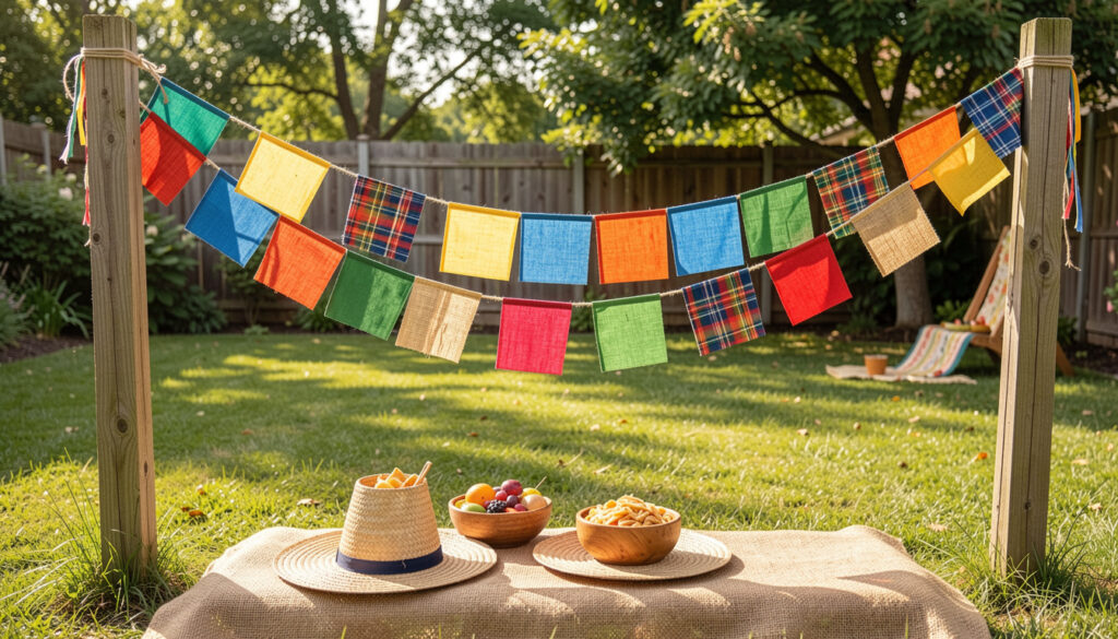 Decoração simples e vibrante de Festa Junina no quintal com bandeirinhas de tecido e elementos rústicos.