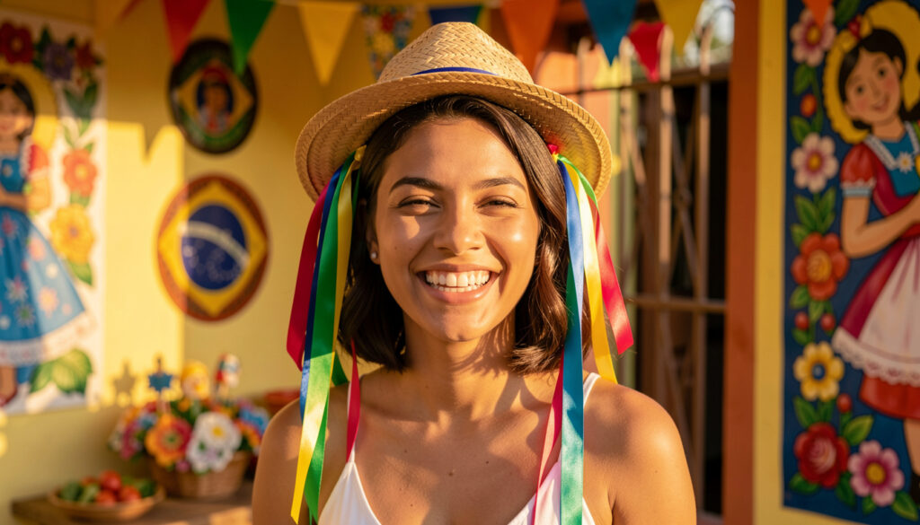 15 Ideias de Cabelo de Festa Junina que Vão Arrasar no Arraial Mulher brasileira sorrindo com penteado de Festa Junina vibrante e colorido.