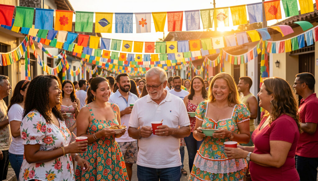 Decoração vibrante de Festa Junina com papel crepom e pessoas alegres.