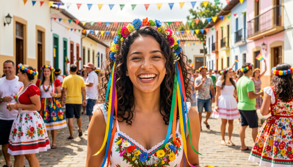 Mulher sorrindo com cabelo enfeitado para Festa Junina com fitas e flores.