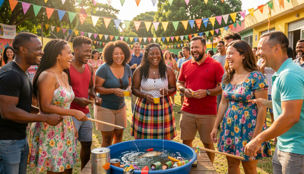 Adultos brasileiros se divertindo em brincadeiras de Festa Junina.