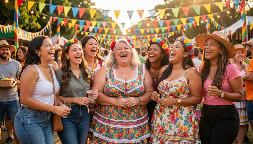 Mulheres brasileiras diversas sorrindo em uma festa junina com looks modernos e tradicionais.