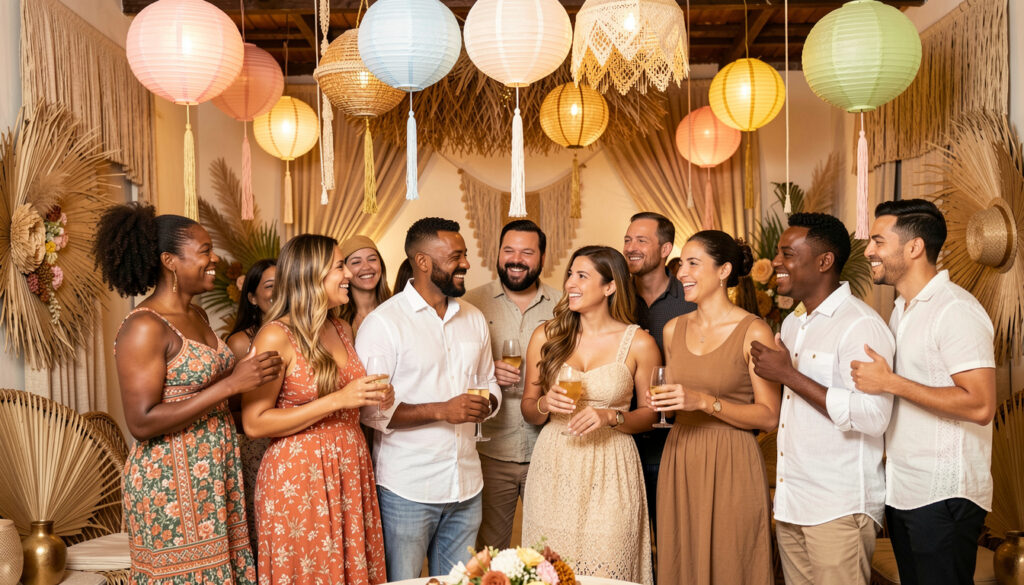 Festa junina chic com decoração elegante e convidados sorrindo.