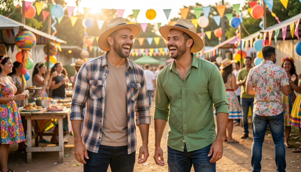 Homens adultos aproveitando uma Festa Junina com looks modernos e tradicionais.