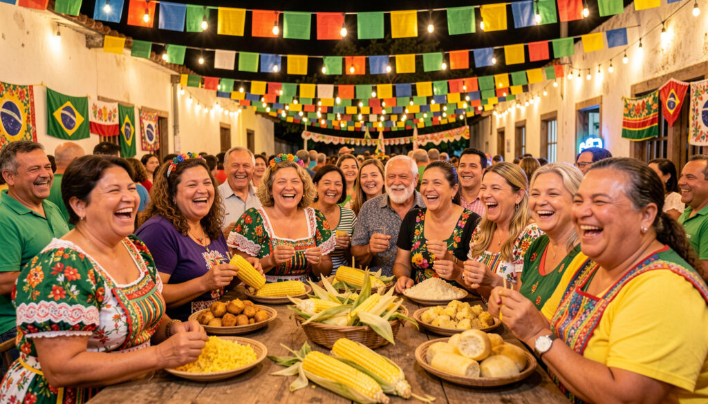 5 Dicas + 1 Detalhe da Festa Junina 2026 que Vai Mudar Tudo Adultos brasileiros celebrando animadamente uma Festa Junina prolongada com comidas típicas e decoração vibrante.