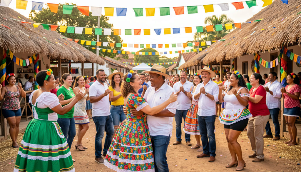 Adultos sorrindo e dançando quadrilha em uma autêntica Festa Junina brasileira, celebrando a fusão cultural.
