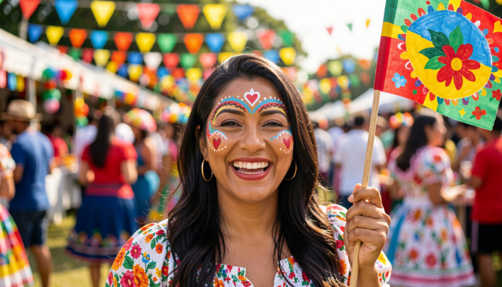 Festa junina maquiagem infantil: como fazer sem irritar a pele do seu filho Mulher brasileira com maquiagem de festa junina, sorrindo e segurando bandeirinha colorida.