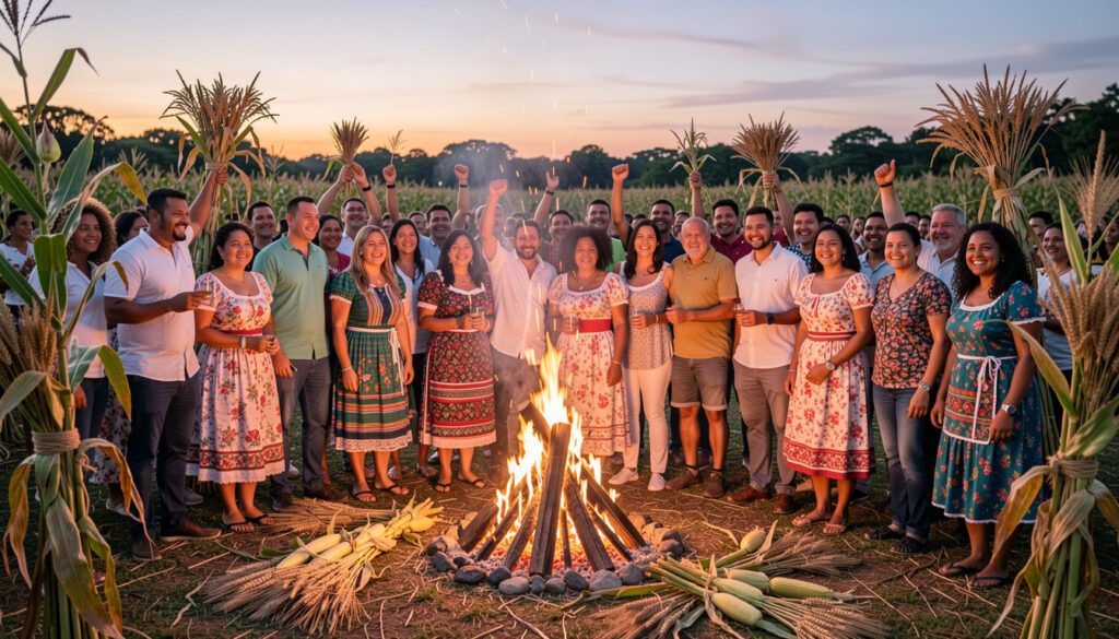 Adultos brasileiros celebrando a Festa Junina ao redor de uma fogueira, com elementos de natureza e cores vibrantes.