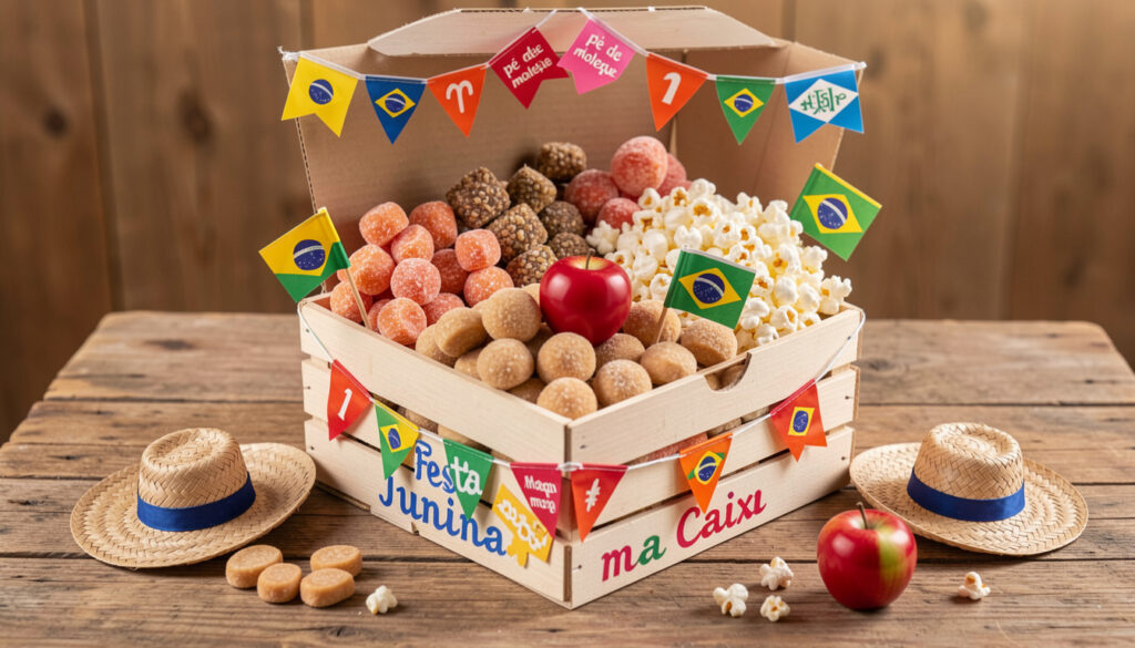 23 Ideias de Festa Junina na Caixa: Tradição Simples e Barata Festa Junina na Caixa com doces típicos e decoração vibrante.
