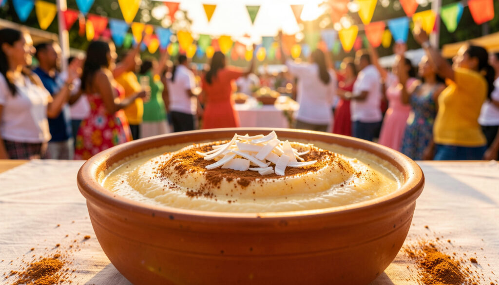 Festa junina comida: curau cremoso em 40min que faz sucesso Cremoso curau servido em tigela com canela e coco em festa junina.