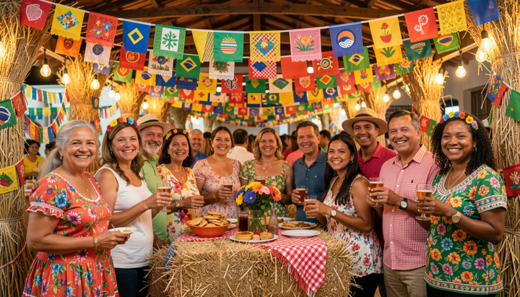 Decoração vibrante e alegre de Festa Junina com pessoas sorrindo.