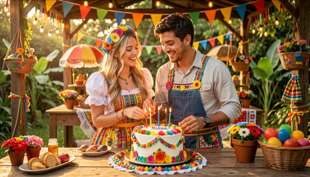 Casal brasileiro em traje de festa junina celebrando mesversário com bolo temático.