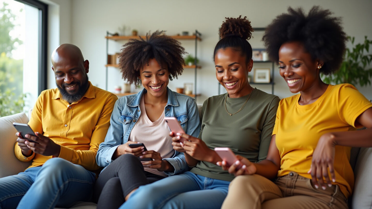Pessoas brasileiras sorrindo e usando celular para conferir resultados online.
