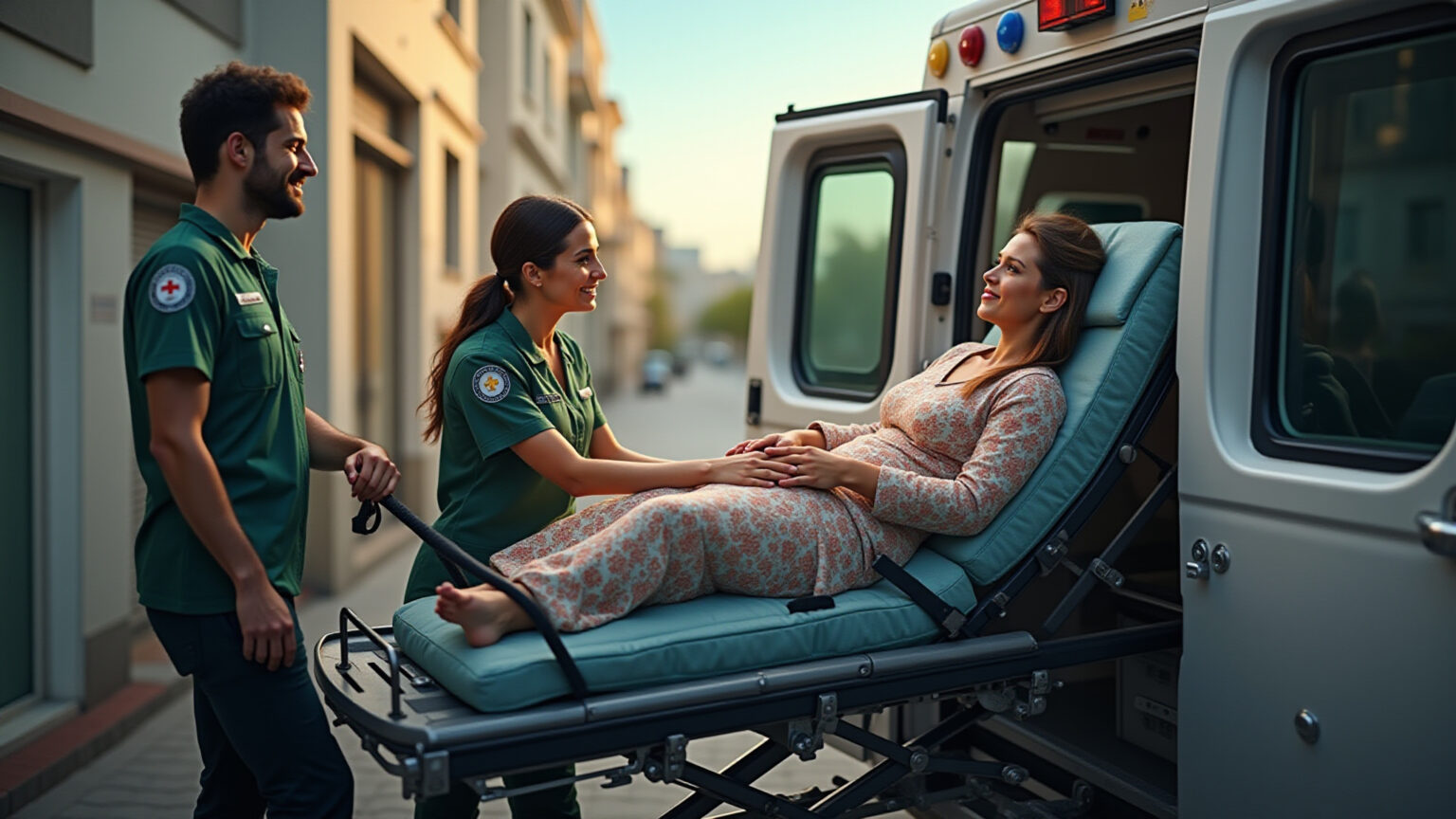 Ambulância particular com equipe médica auxiliando paciente acamado.