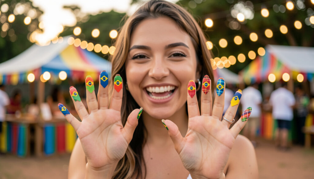 Unhas Decoradas Juninas: 5 Designs Incríveis para Festas de 2026 Mulher brasileira com unhas decoradas com tema junino: bandeirinhas e xadrez.