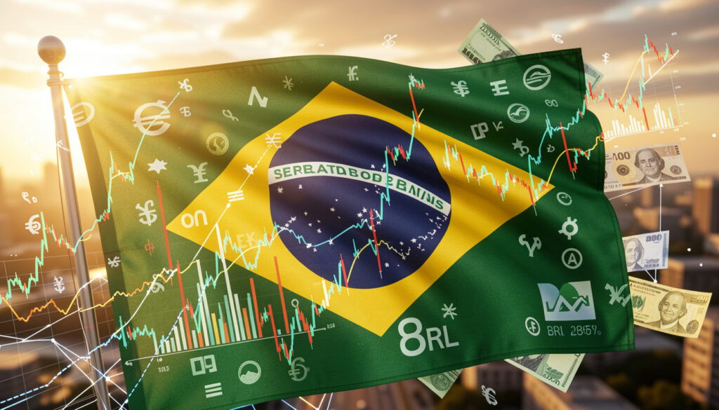 Ilustração do Real Brasileiro (BRL) afetado por eventos globais.