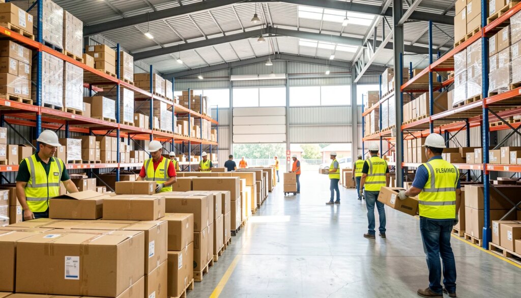 Mercado de Trabalho em Sumaré e Hortolândia: Setores que Mais Contratam na Região Trabalhadores em centro de logística em Hortolândia movimentando pacotes.