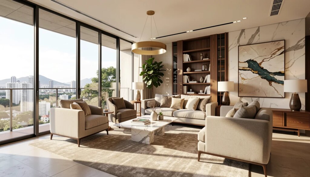 Amplitude e Elegância: Como Decorar um Apartamento de Luxo de 416m² Apartamento de luxo em Moema com sala ampla e integrada, decoração elegante e luz natural.