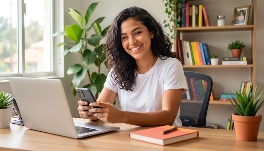 O crescimento das plataformas de apostas online em mercados emergentes Mulher jovem sorrindo usando smartphone e laptop em casa
