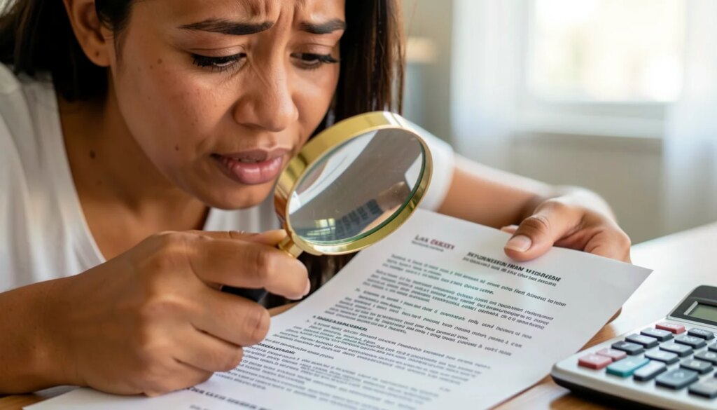 O que é o Custo Efetivo Total (CET) de um empréstimo e por que ele importa? Mulher analisando contrato de empréstimo com lupa e calculadora