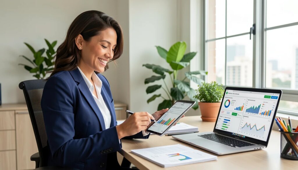 Empresária analisando relatórios financeiros em tablet no escritório