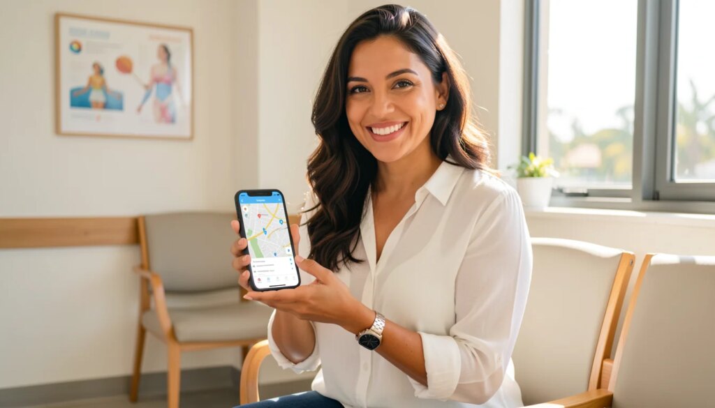 Como Usar a Rede Credenciada para Focar na Sua Saúde Preventiva Este Ano Mulher sorrindo em clínica moderna usando aplicativo de saúde no celular