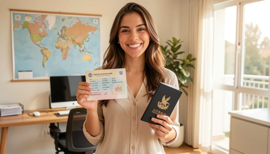Austrália te Espera: Passo a Passo para Solicitar Seu Visto com Segurança Mulher jovem segurando visto australiano e passaporte, sorrindo em escritório doméstico.