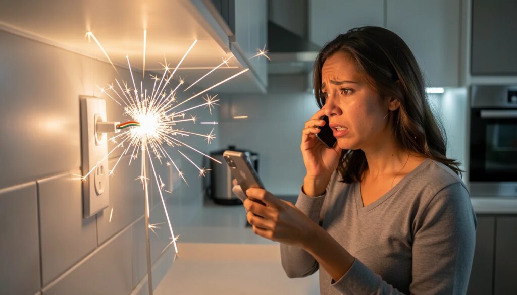 Mulher preocupada com tomada elétrica com faísca na cozinha